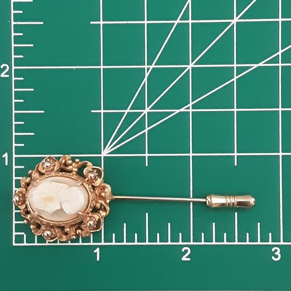 Victorian Style Cameo Pin Left Facing Female Profile On Ornate Gold Tone Border - Picture 5 of 5